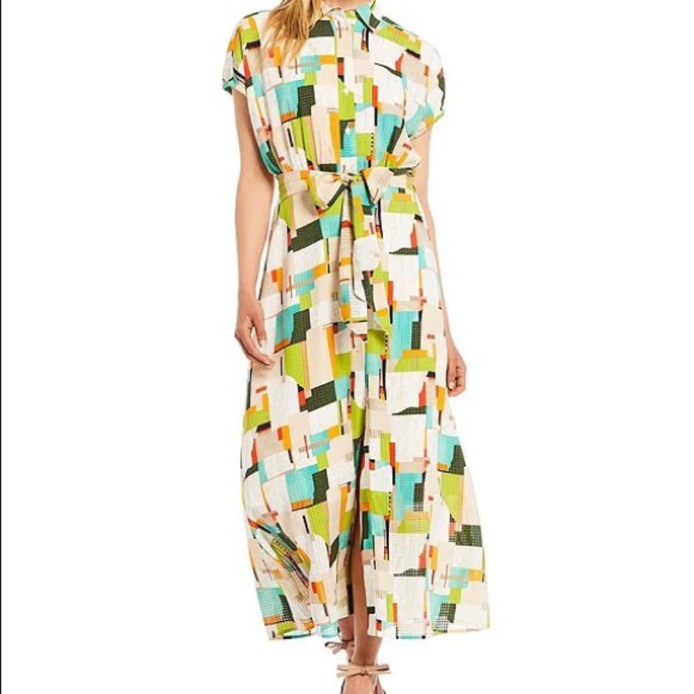 NWT LDT Darcy Patch Print Point Collar Short Sleeve Front Slit Maxi Shirt Dress